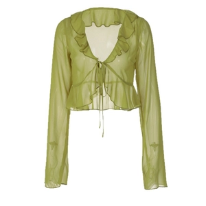 Avocado green sheer tie-front top with ruffle trim and long bell sleeves in Y2K style