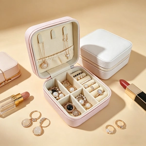 Portable jewelry organizer box with velvet lining for rings and necklaces