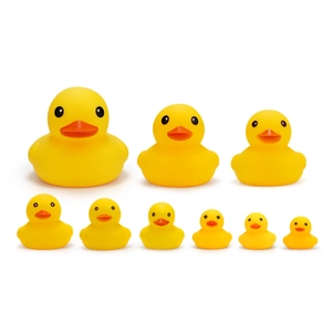 Set of nine yellow rubber ducks in various sizes for baby bath time play