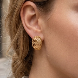 Hollow Mesh Stud Earrings 18K Gold Plated Copper Geometric Hemisphere Textured Elegant Vintage Jewelry For Women