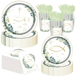Religious baptism tableware set with gold fish and eucalyptus wreath for party celebration