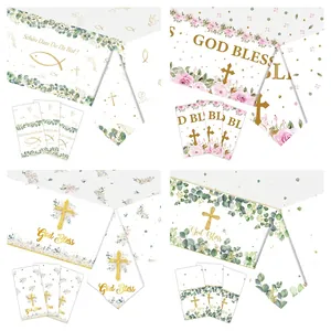 Religious party supplies set with God Bless gold cross and floral paper tableware