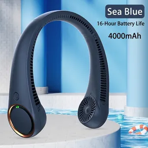 Portable neck fan in navy blue with 4000mAh battery and 16-hour runtime for summer