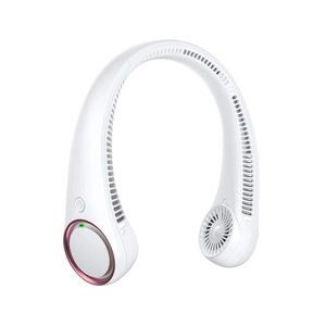 Portable white neck fan with bladeless design and elegant metallic finish accents