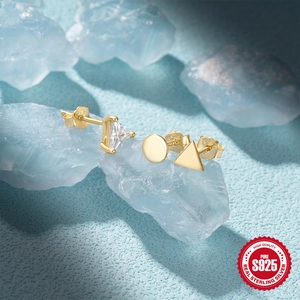 Detailed close-up of S925 sterling silver geometric earring set with cubic zirconia stones