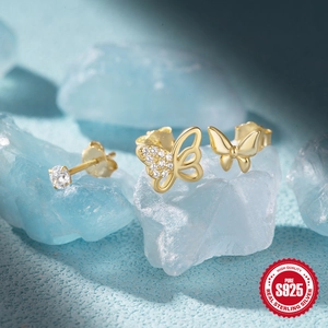 Detailed S925 sterling silver gold-plated stud set with butterfly and zircon accents
