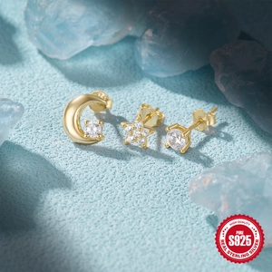 Detail of 925 sterling silver gold-plated moon star and zircon stud earring set