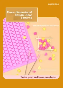 Detailed view of pink heart silicone mold with small wooden tray and yellow candy shapes