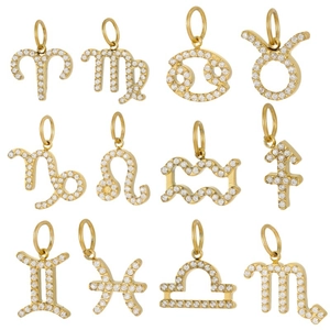 Set of 12 gold plated zodiac charms with micro pave cubic zirconia stones in 3x4 grid