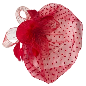 Detail of red fascinator hat featuring delicate mesh bow, feathers, and polka dot bridal veil
