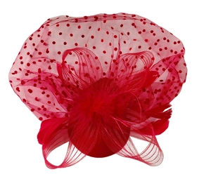 Macro shot of red vintage pillbox hat with polka dot mesh veil and feather details