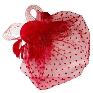 Elegant red vintage fascinator hat with polka dot mesh veil and delicate feathers for weddings