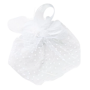 Detailed view of bridal fascinator with white polka dot mesh veil and soft feather accents