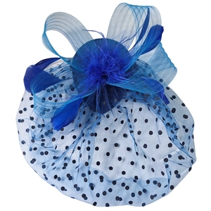 Detailed macro view of the blue mesh veil headband with decorative feathers and dots