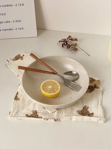 Japanese style ink-splatter ceramic dinner plate with wooden handle cutlery set