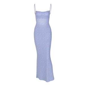 Robe longue fleurie bleue sexy à bretelles spaghetti et dos nu, coupe ajustée
