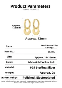 Detail view of 925 silver round disc earrings with 17.5mm x 12mm size measurements