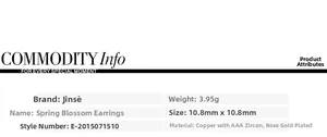Detailed specifications for copper earrings with AAA zircon and rose gold plating