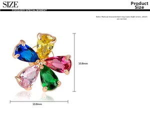 Macro detail of 10.8mm flower stud earring with colorful zircon petals and rose gold plating