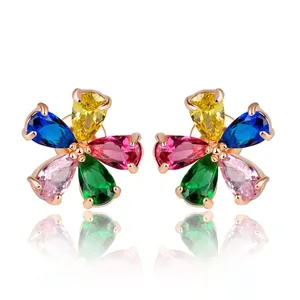 Copper Zirconia Flower Stud Earrings For Women Multi Color Petal Rose Gold Plated Fashion Commuter Jewelry Accessories