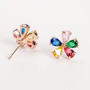 Colorful floral copper stud earrings with multi-color zircon stones in rose gold finish
