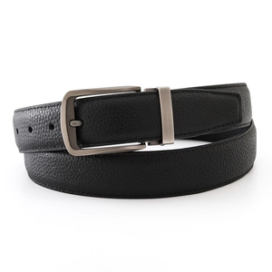 Detail view of premium black leather belt with lychee texture and matte metal buckle