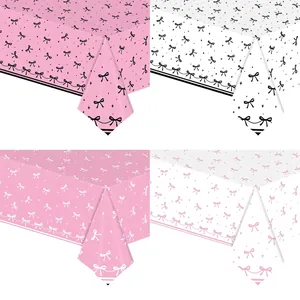 Pink and white bow pattern disposable tablecloth set for birthday party decorations