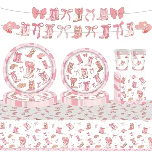 Pink Cowboy Party Decorations Disposable Tableware Paper Plates Napkins Cups Tablecloth Banner Bachelorette Birthday Party Supplies