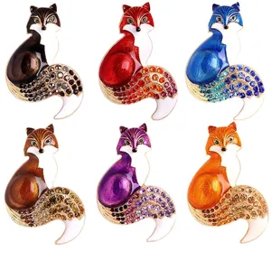 Fox Brooch Pin Vintage Enamel Zinc Alloy Animal Rhinestone Crystal Jewelry Women Sweater Cardigan Accessory Elegant