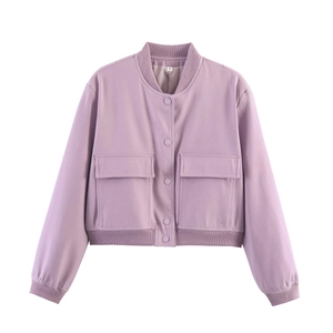 Detail view of lavender bomber jacket featuring ribbed collar and large utility chest pockets