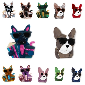 Cute acrylic French Bulldog brooch featuring sunglasses and popcorn pattern for women