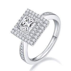 Anello di lusso in moissanite da 1 carato taglio princess con doppio halo e pavé