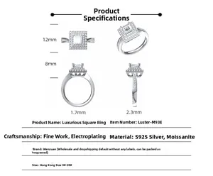 Tabella taglie dettagliata per anello in argento S925 con moissanite taglio princess