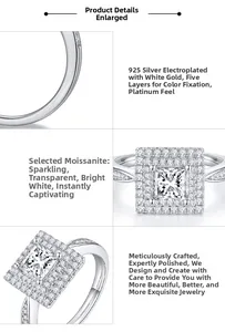 Dettagli macro di anello moissanite taglio princess 1 carato in argento 925 puro