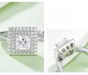 Dettaglio anello moissanite taglio princess con doppio alone e fascia ritorta diamantata