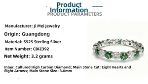Detail of S925 silver ring with 3mm green and white high carbon stones in 8 hearts and arrows cut