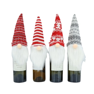 Set of 4 Christmas gnome wine bottle covers with knitted hats and white faux fur beards