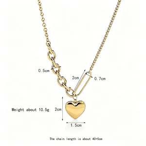 Gold titanium steel heart necklace with asymmetric chain, length 40+5cm, weight 10.5g