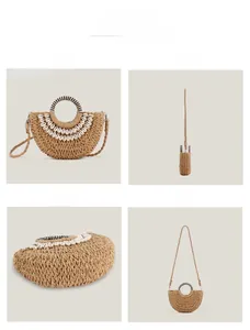 Detailed views of handmade semicircular straw bag with white shells from multiple angles