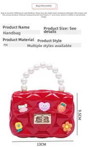 Detailed view of red PVC mini jelly bag with quilted texture, pearls, and cartoon patches