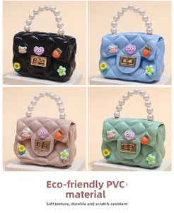 Close-up of mini PVC crossbody bags with quilted pattern and decorative cartoon patches