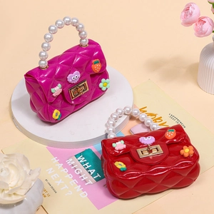 Kids Mini Jelly Bag Quilted PVC Crossbody Handbag With Faux Artificial Pearl Handle Cartoon Charms Small Princess Coin Purse For Girls