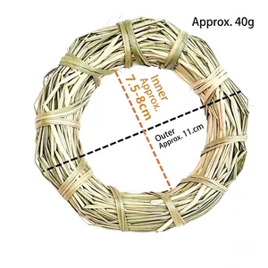 Macro detail of natural handmade plant fiber wreath showing dimensions and weaving texture