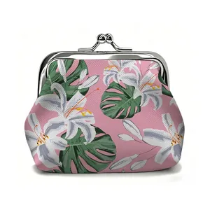 Pink floral kiss-lock coin purse with white lilies and green tropical leaf patterns
