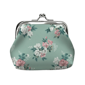 Floral mint green coin purse with vintage silver kiss-lock and cute flower pattern