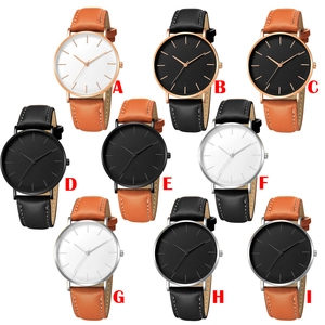 Overview of nine minimalist quartz watch styles with leather bands and colorful dial options