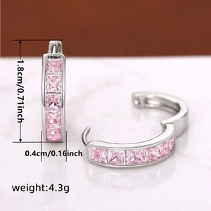 Sparkling silver hoop earrings with square-cut pink zircon stones and dimension labels