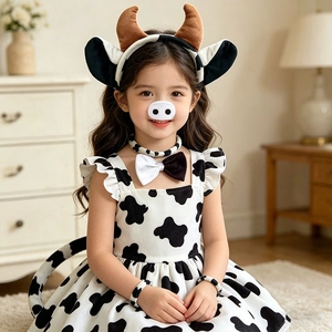 Close-up of kids cow costume set featuring headband, dress, and accessories for cosplay