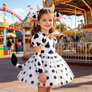 Detailed cow costume set for kids including spotted tutu dress and plush ear headband
