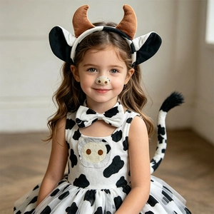 Detailed plush cow costume set for kids featuring headband, nose, bowtie, and tutu dress